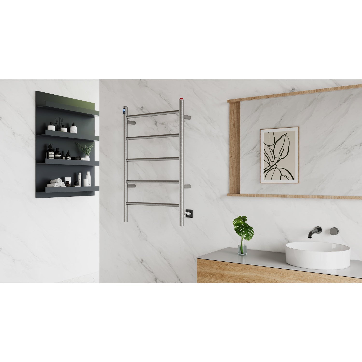 Bathroom interior with Kingston Brass Templeton Freestanding/Wall Mount Hardwired or Plug-In Towel Warmer Brushed Nickel, sink, and decorative elements.