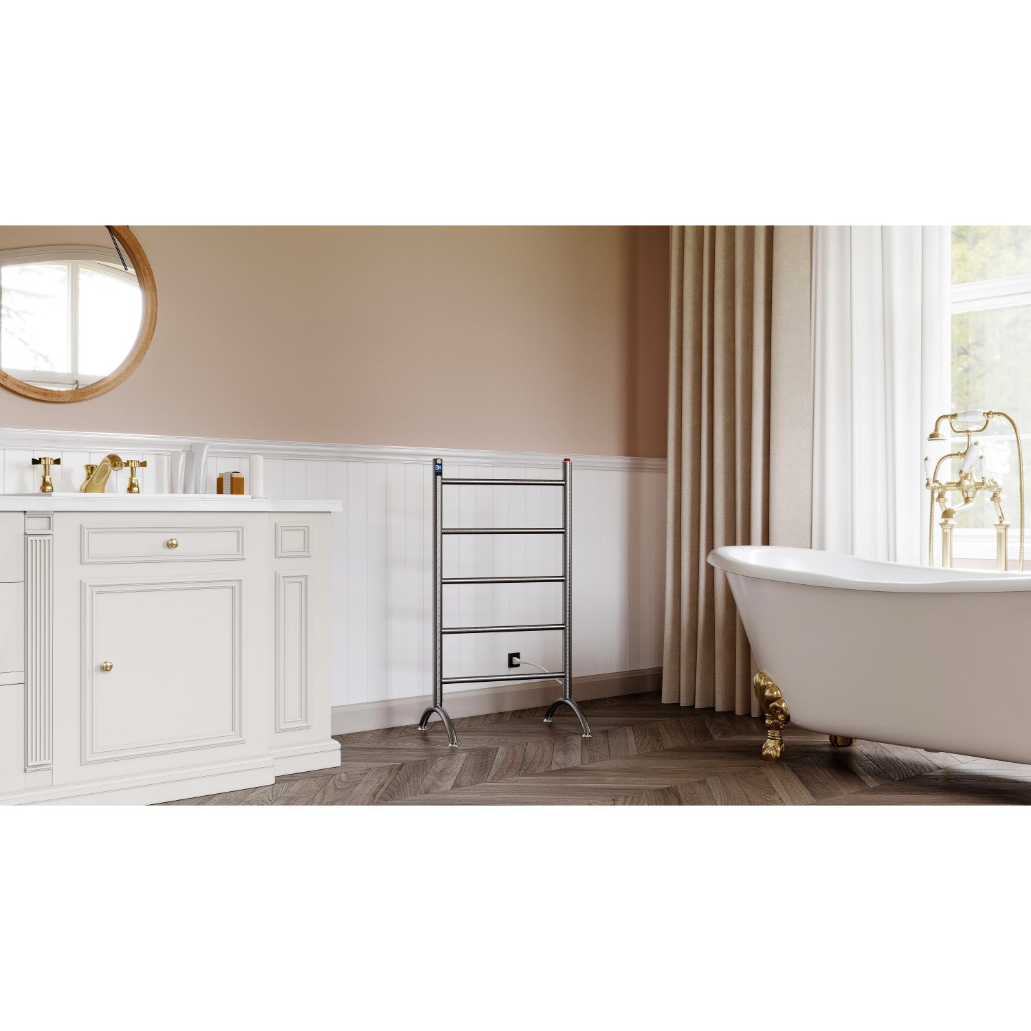 Bathroom with white vanity, Kingston Brass Templeton Freestanding/Wall Mount Hardwired or Plug-In Towel Warmer Brushed Nickel, freestanding bathtub, and window with gold frame.