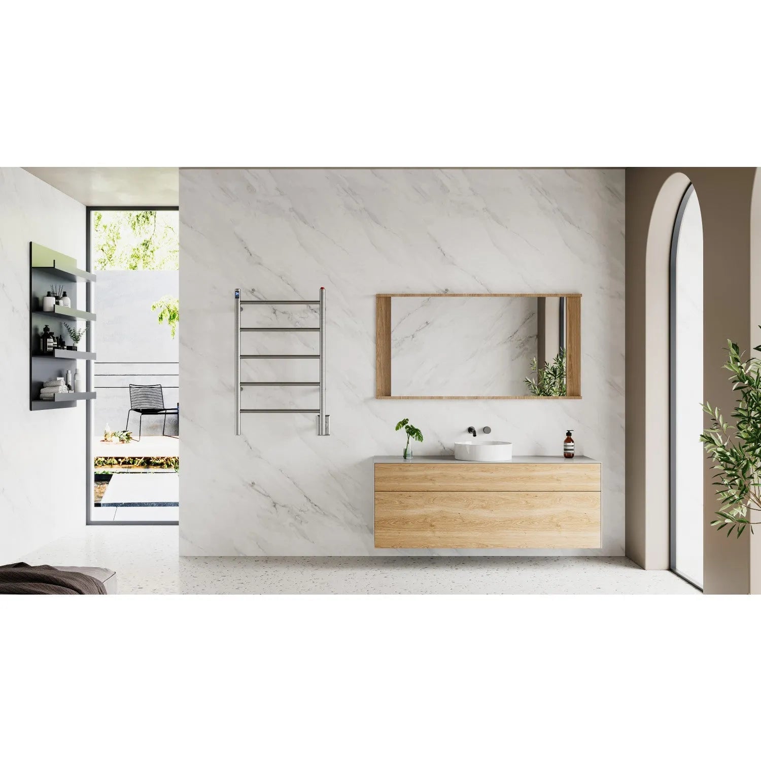 Modern bathroom with wooden vanity, mirror, and Kingston Brass Templeton Freestanding/Wall Mount Hardwired or Plug-In Towel Warmer Brushed Nickel