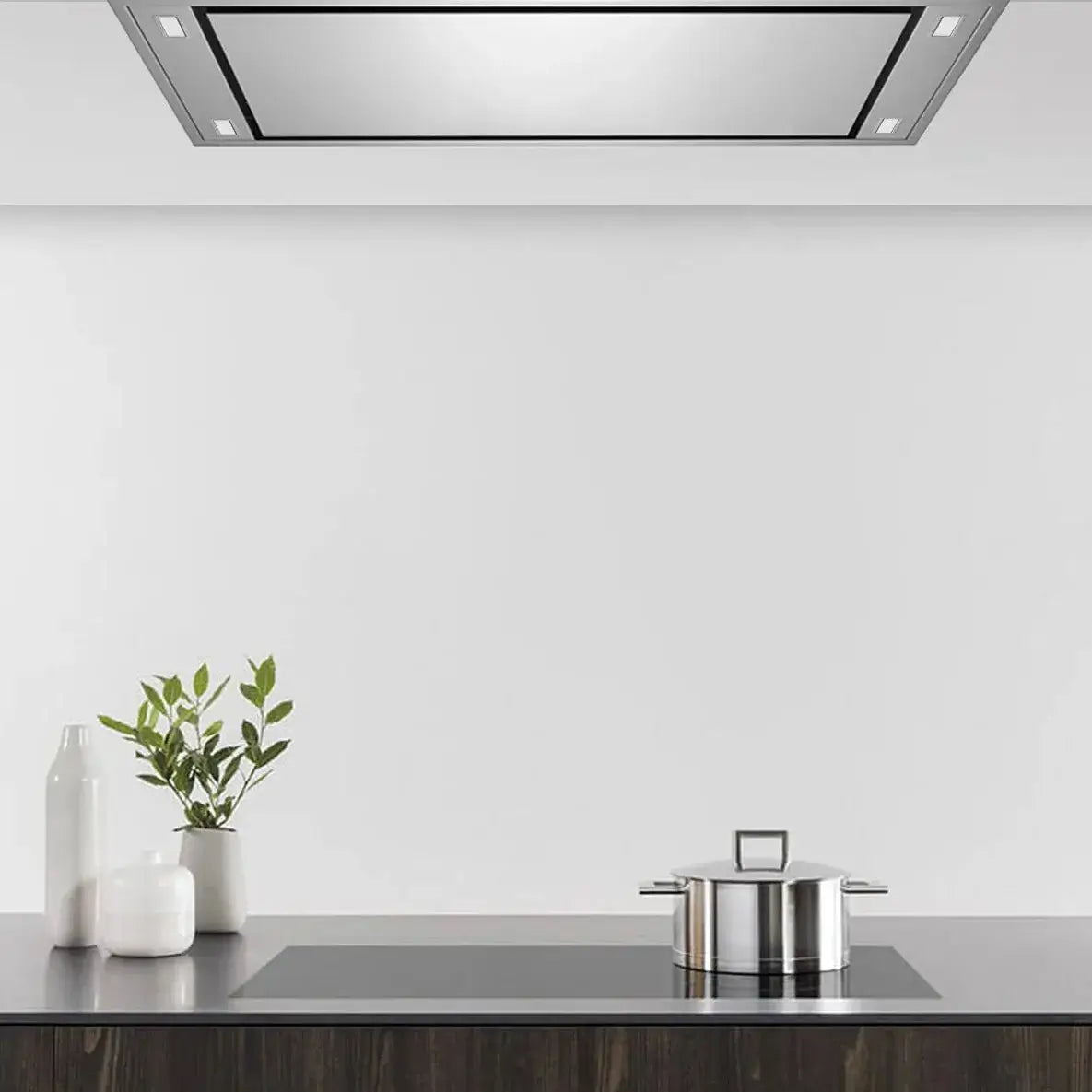 VICTORY Horizon 42 in. 900 CFM Flush Ceiling Mount Range Hood in Stainless Steel in a luxury kitchen above cooktop
