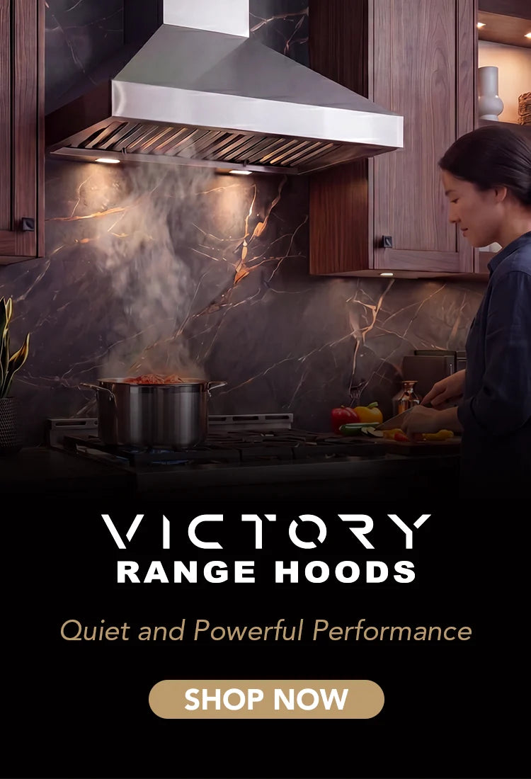 Promotional banner for Victory Range Hoods showing a woman cooking in a modern kitchen with a stainless steel range hood, dark wood cabinets, and a marble backsplash. The left side features the Victory Range Hoods logo and a 'SHOP NOW' button.