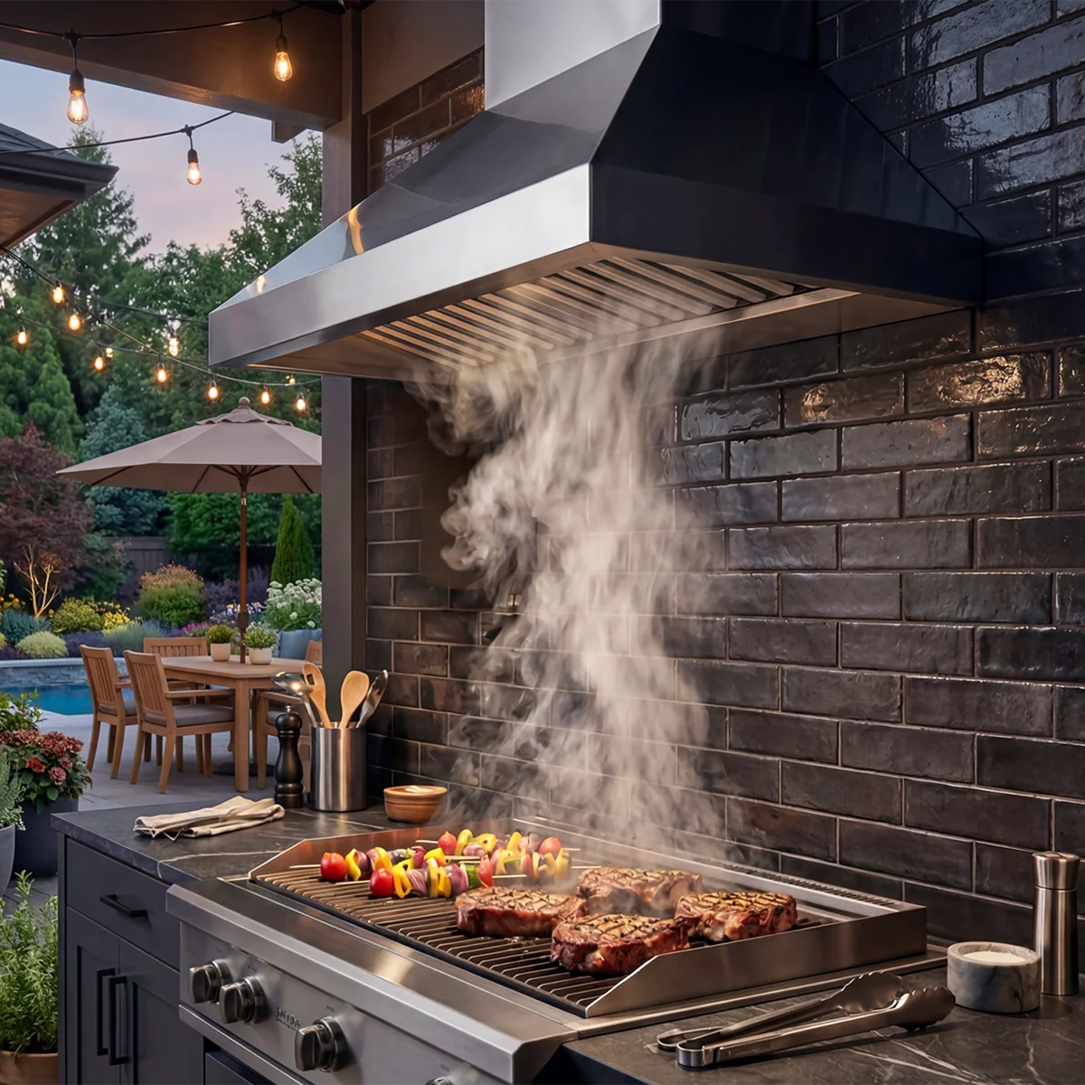 An outdoor kitchen setup with a VICTORY Twister 1200 CFM Outdoor Grill Range Hood, charcoal grill, and steaks cooking on a dark brick wall, with a patio dining area and pool visible in the background.