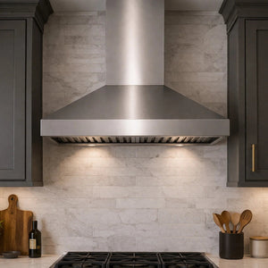 Modern kitchen with VICTORY Twister 750 CFM Wall Mount Range Hood in Stainless Steel, dark cabinets, and tiled backsplash.