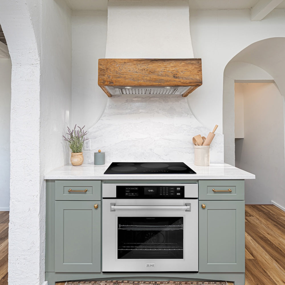 ZLINE 30 in. Professional True Convection Single Wall Oven with Air Fry and Self Clean in Stainless Steel (WAS-30) in a rustic kitchen below induction cooktop.