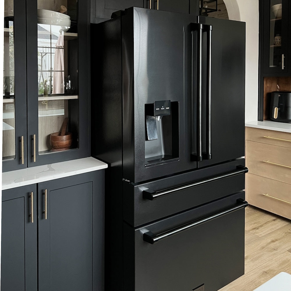 ZLINE 36 in. 21.6 cu. ft. Counter-Depth French Door Refrigerator with Water and Ice Dispenser in Fingerprint-Resistant Black Stainless Steel (RFM-W-36-BS) in a modern kitchen