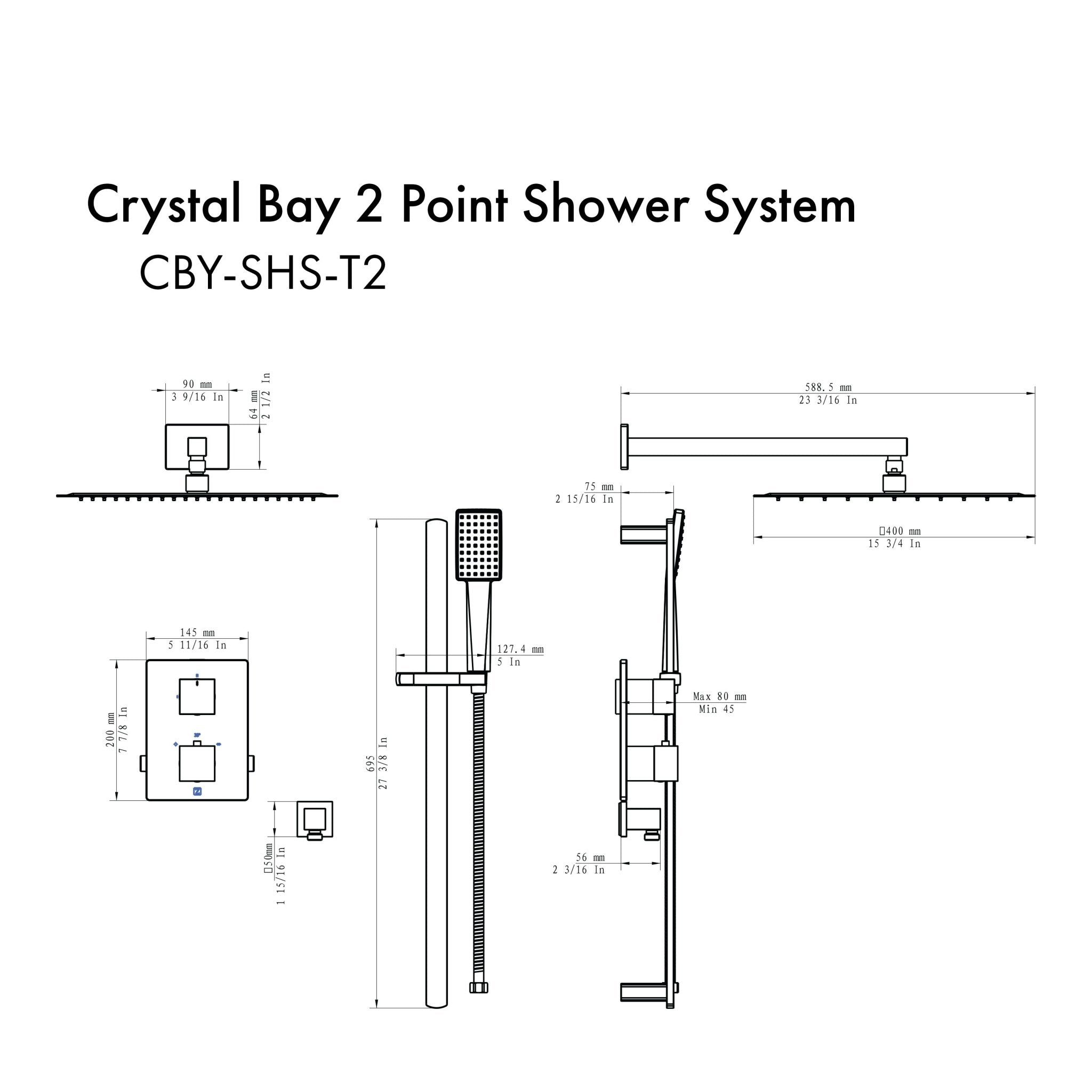 ZLINE Crystal Bay Thermostatic Shower System (CBY-SHS-T2) dimensional diagram