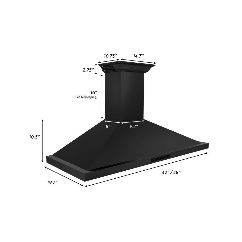 ZLINE Ducted Vent Wall Mount Range Hood in Black Stainless Steel with Built-in ZLINE CrownSound Bluetooth Speakers (BSKBNCRN-BT) 