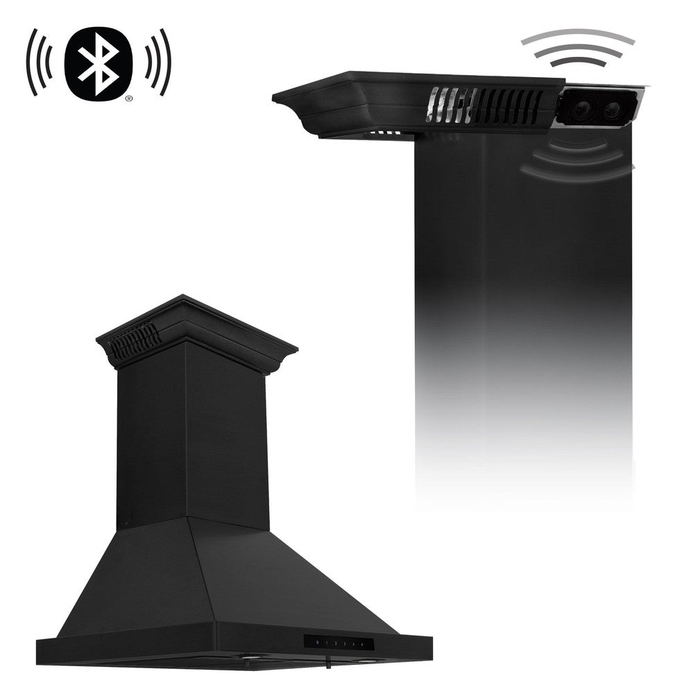 ZLINE Ducted Vent Wall Mount Range Hood in Black Stainless Steel with Built-in CrownSound Bluetooth Speakers (BSKBNCRN-BT) main image.