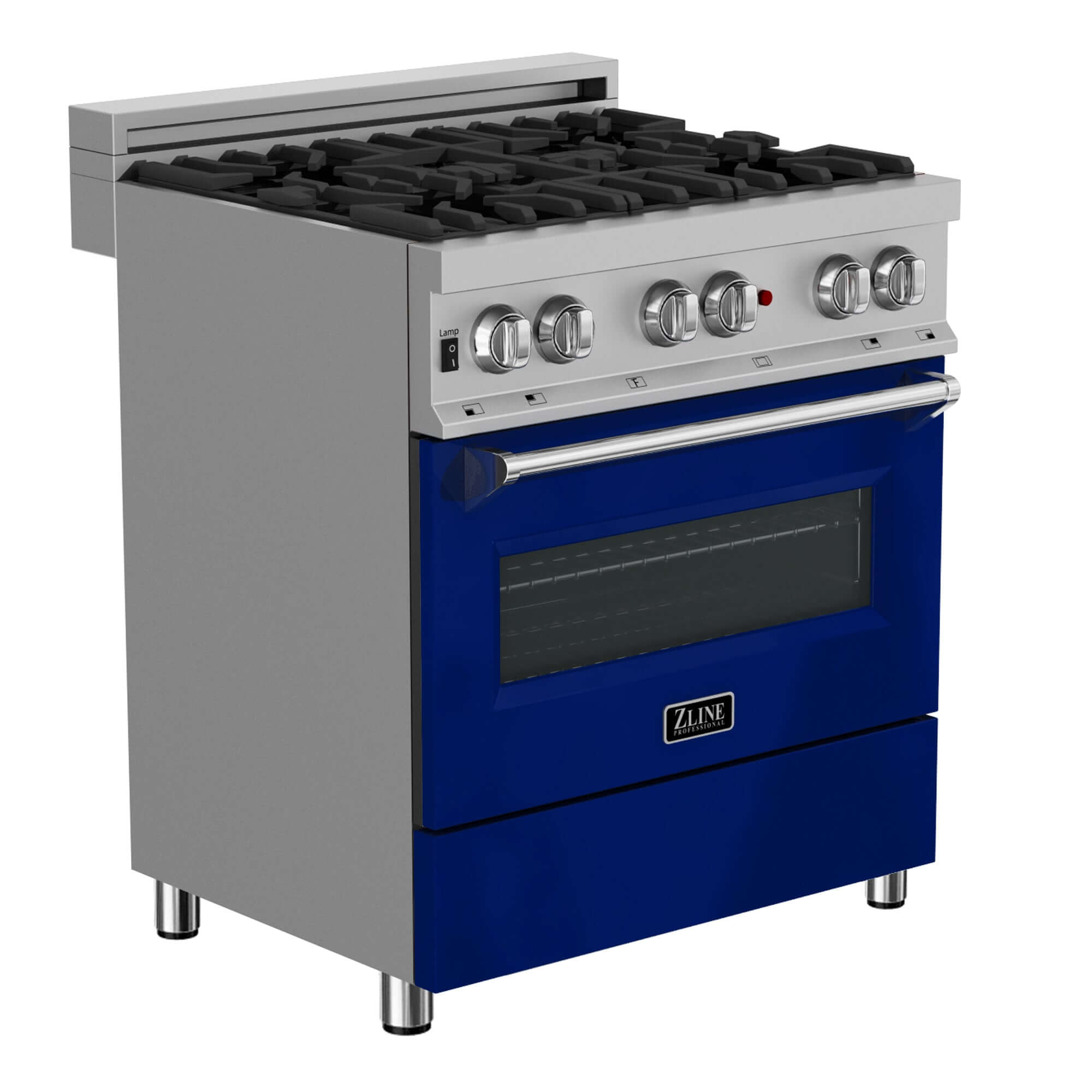 ZLINE 30 in. Kitchen Package with DuraSnow Stainless Steel Dual Fuel Range with Blue Gloss Door and Convertible Vent Range Hood