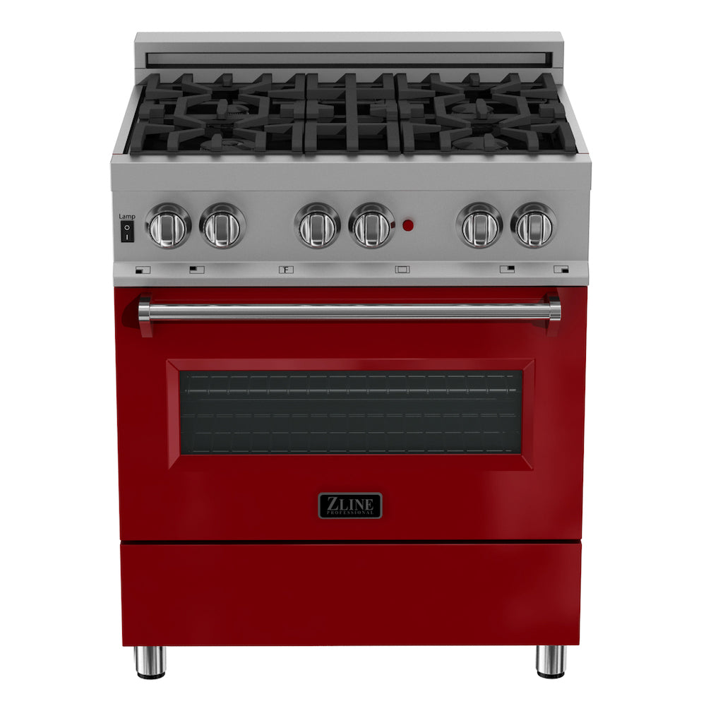 ZLINE 36 in. 4.6 cu. ft. Dual Fuel Range with Gas Stove and Electric Oven in Fingerprint Resistant Stainless Steel and Red Gloss Door (RAS-RG-36) front, oven closed.