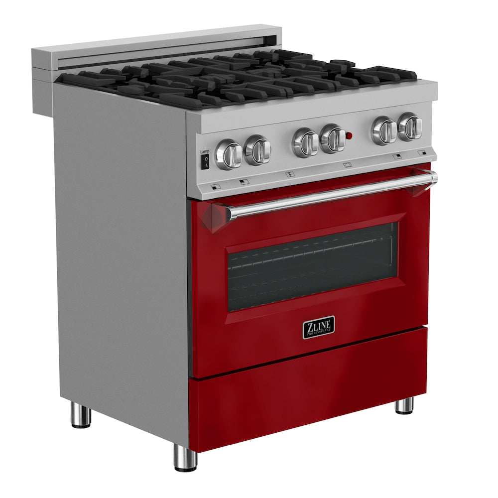 ZLINE 36 in. 4.6 cu. ft. Dual Fuel Range with Gas Stove and Electric Oven in Fingerprint Resistant Stainless Steel and Red Gloss Door (RAS-RG-36) side, oven closed.