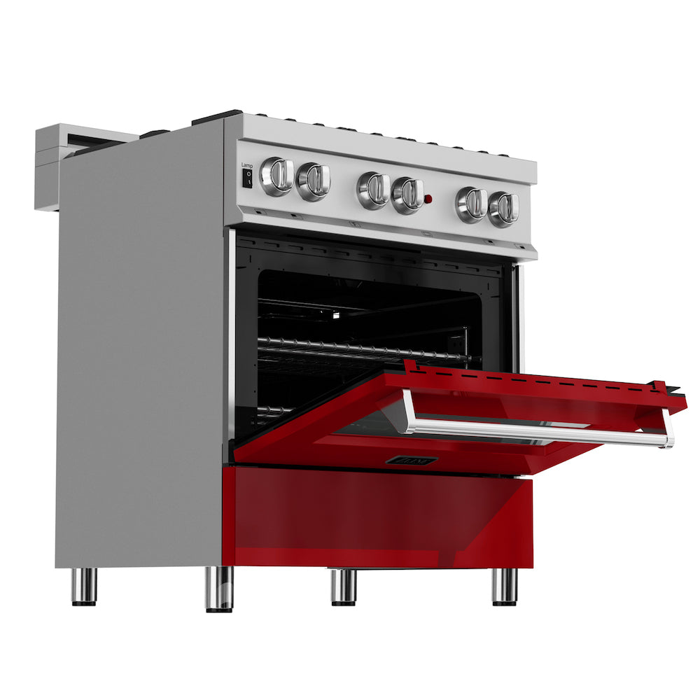 ZLINE 36 in. 4.6 cu. ft. Dual Fuel Range with Gas Stove and Electric Oven in Fingerprint Resistant Stainless Steel and Red Gloss Door (RAS-RG-36) side, oven open.