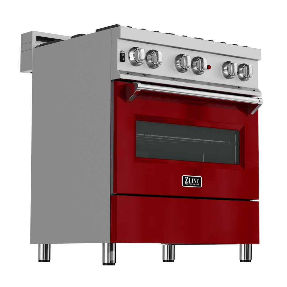 ZLINE 36 in. 4.6 cu. ft. Dual Fuel Range with Gas Stove and Electric Oven in Fingerprint Resistant Stainless Steel and Red Gloss Door (RAS-RG-36) side, oven closed.