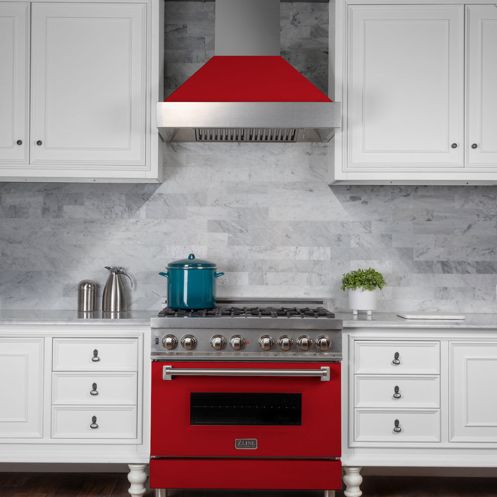ZLINE 36 in. 4.6 cu. ft. Dual Fuel Range with Gas Stove and Electric Oven in Fingerprint Resistant Stainless Steel and Red Matte Door (RAS-RM-36) front, oven closed.