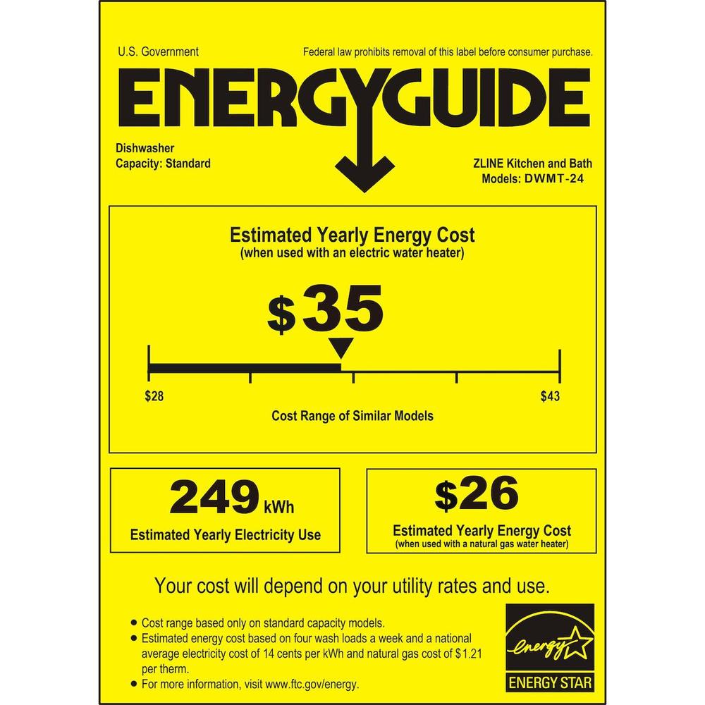 ZLINE Autograph Edition 24 in. Monument Series 3rd Rack Top Touch Control Tall Tub Dishwasher in Stainless Steel with Polished Gold Helix Handle, 45dBa (DWMTZ-30424-KG) energy usage guide.