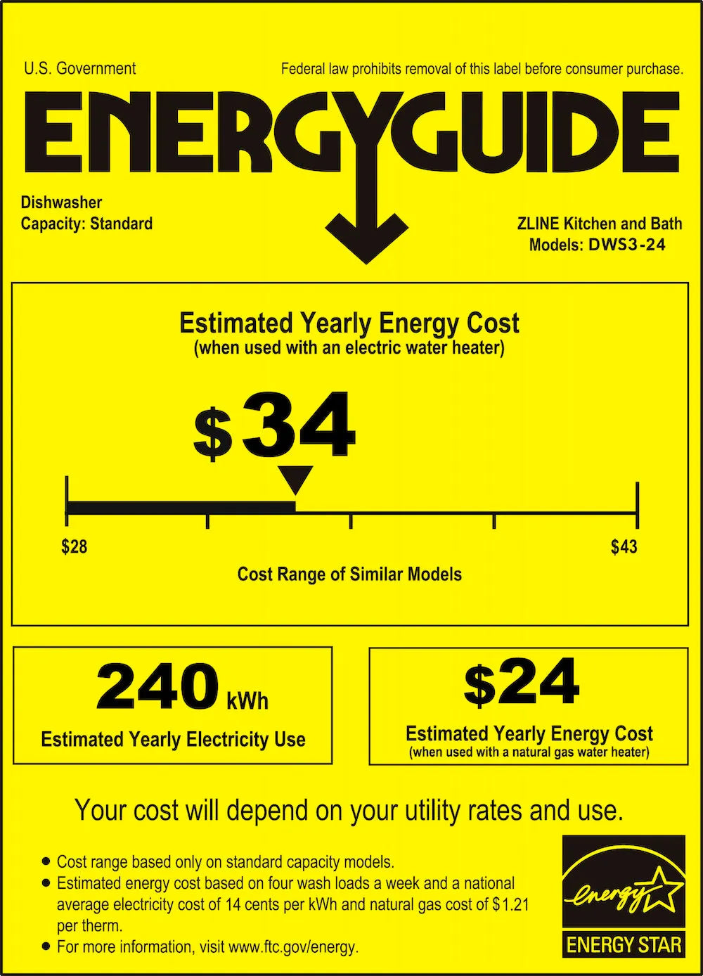 ZLINE 24 in. Monument Series 3rd Rack Dishwasher with Auto Door Open Drying, 44dBa, Black Stainless Steel Panel (DWMT-BS-24) energy guide label with Energy Star logo.