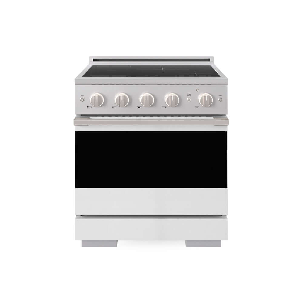 ZLINE 30 in. 4.2 cu. ft. Marino Induction Range with 4 Element Cooktop and Electric Convection Oven in Stainless Steel with White Matte Door (MINR-WM-30) main image.
