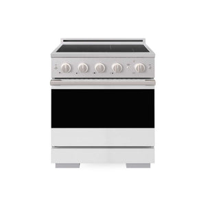 ZLINE 30 in. 4.2 cu. ft. Marino Induction Range with 4 Element Cooktop and Electric Convection Oven in Stainless Steel with White Matte Door (MINR-WM-30) main image.