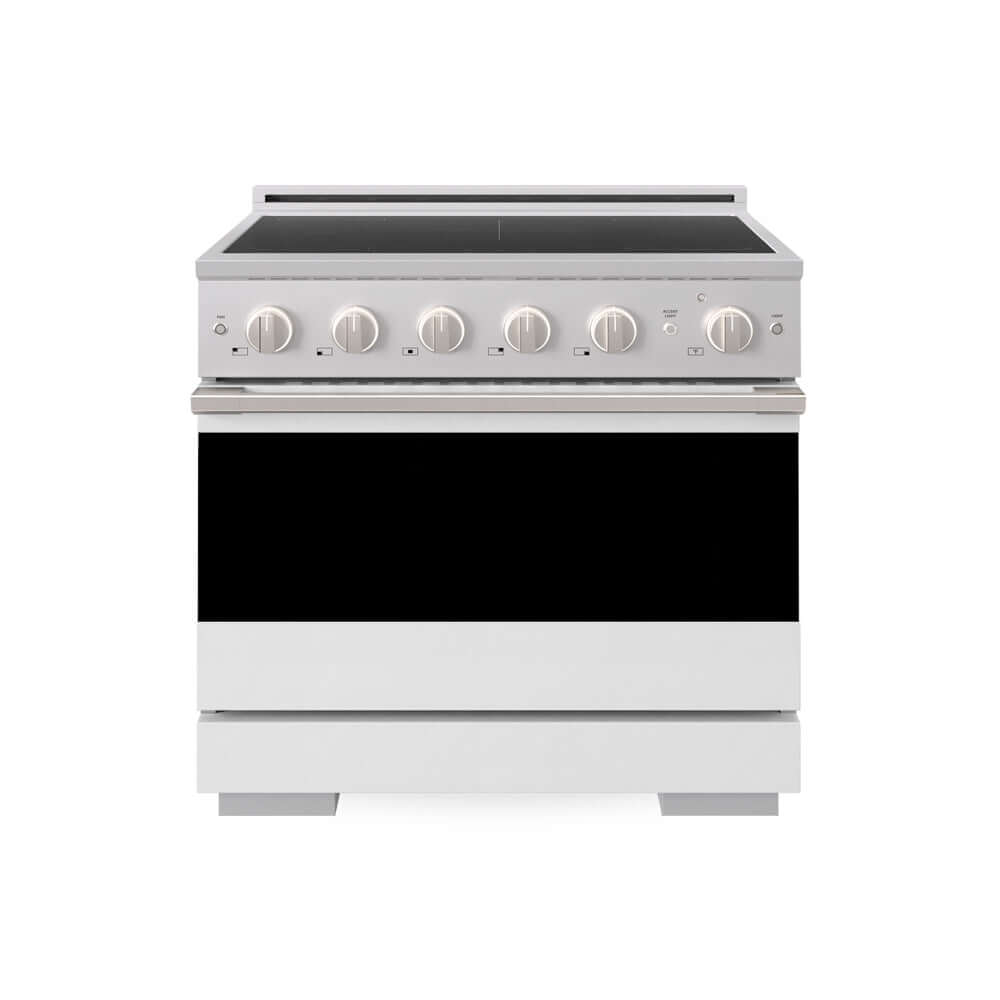 ZLINE 36 in. 5.2 cu. ft. Marino Induction Range with 5 Element Cooktop and Electric Convection Oven in Stainless Steel with White Matte Door (MINR-WM-36) main image.