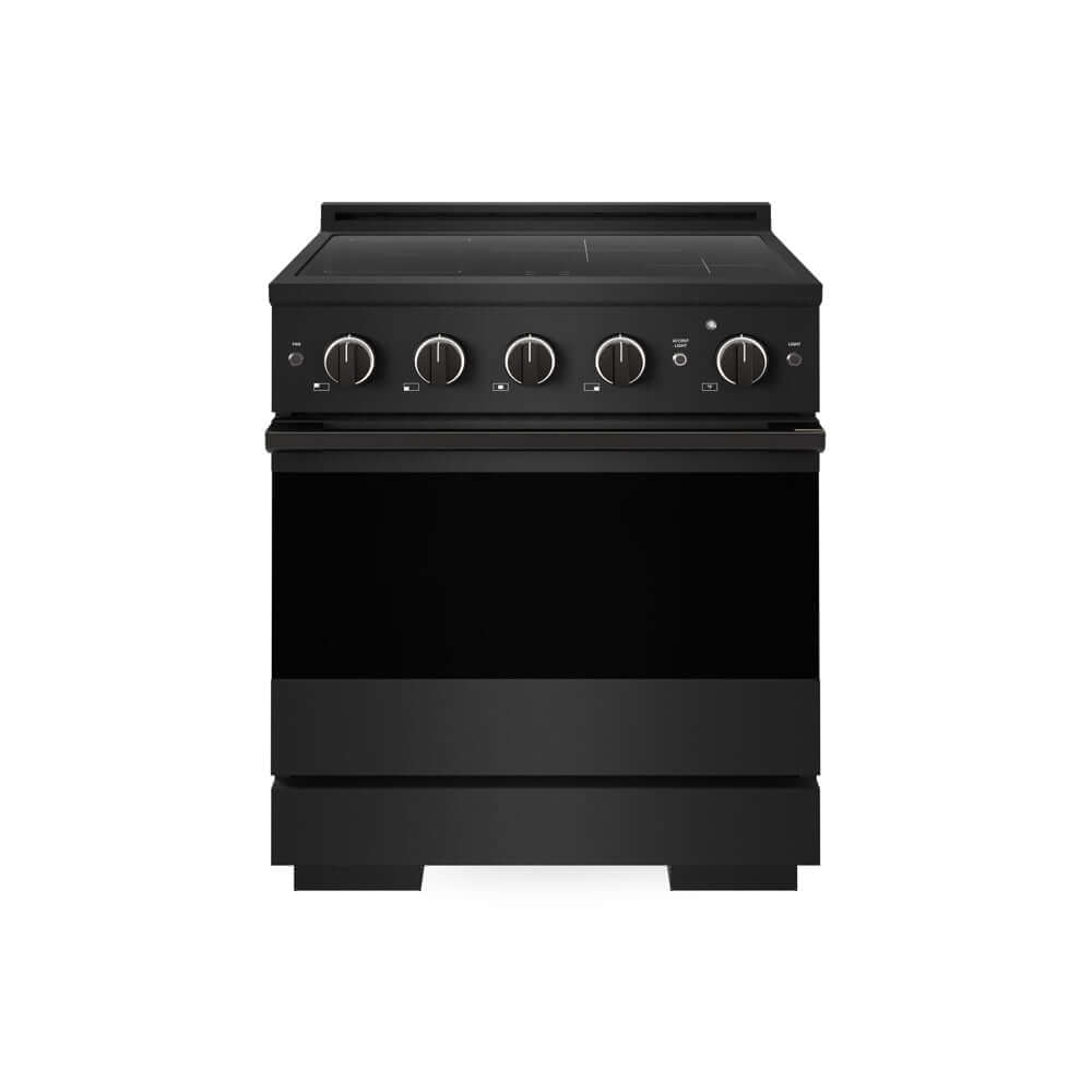 ZLINE 30 in. 4.2 cu. ft. Marino Induction Range with 4 Element Cooktop and Electric Convection Oven in Black Stainless Steel (MINRB-30) main image.