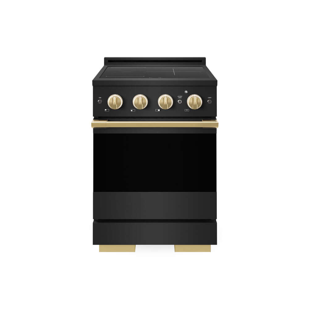 ZLINE Autograph Edition 24 in. 3.2 cu. ft. Marino Induction Range with 3 Element Cooktop and Electric Convection Oven in Black Stainless Steel with Polished Gold Accents (MINRBZ-24-G) main image.