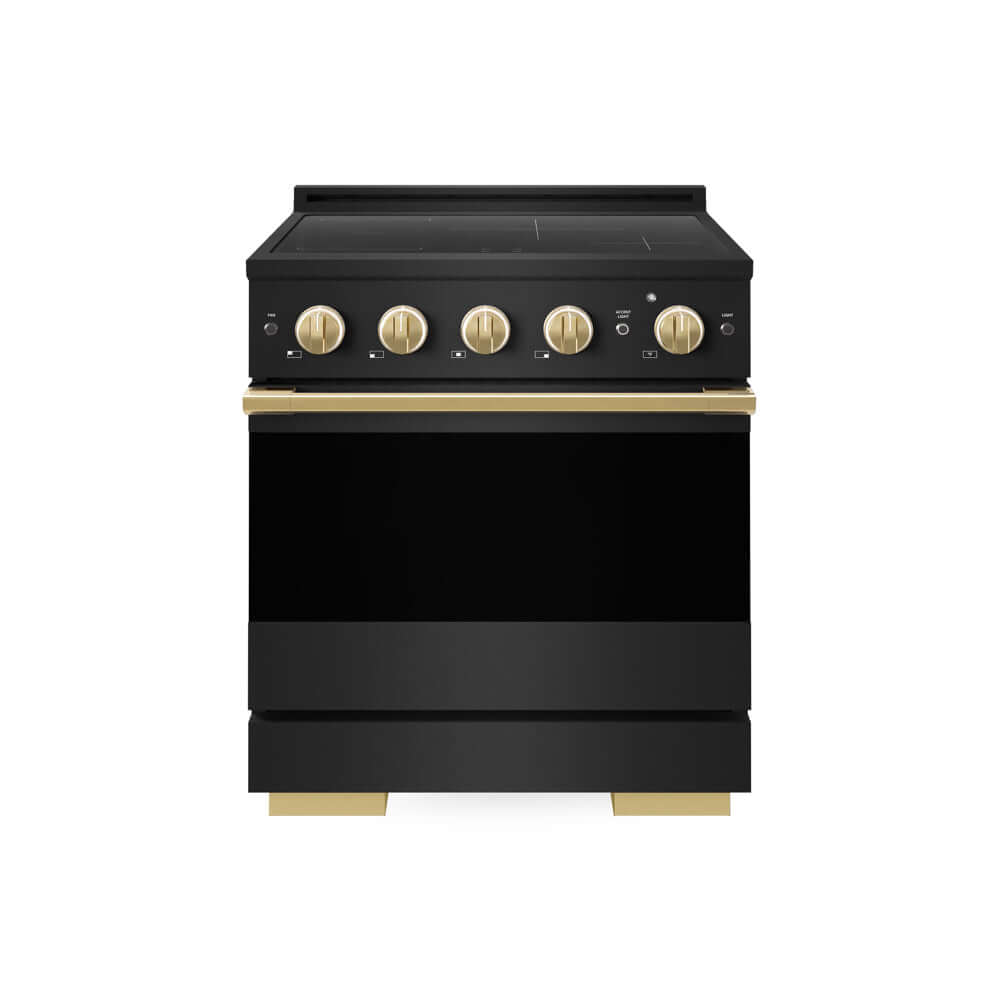 ZLINE Autograph Edition 30 in. 4.2 cu. ft. Marino Induction Range with 4 Element Cooktop and Electric Convection Oven in Black Stainless Steel with Polished Gold Accents (MINRBZ-30-G) main image.