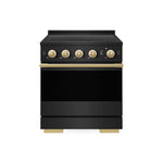 ZLINE Autograph Edition 30 in. 4.2 cu. ft. Marino Induction Range with 4 Element Cooktop and Electric Convection Oven in Black Stainless Steel with Polished Gold Accents (MINRBZ-30-G) main image.
