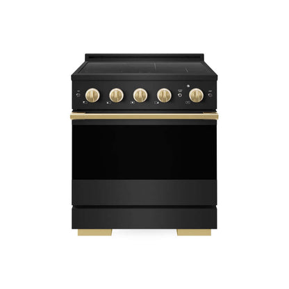 ZLINE Autograph Edition 30 in. 4.2 cu. ft. Marino Induction Range with 4 Element Cooktop and Electric Convection Oven in Black Stainless Steel with Polished Gold Accents (MINRBZ-30-G) main image.