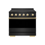 ZLINE Autograph Edition 36 in. 5.2 cu. ft. Marino Induction Range with 5 Element Cooktop and Electric Convection Oven in Black Stainless Steel with Polished Gold Accents (MINRBZ-36-G) main image.