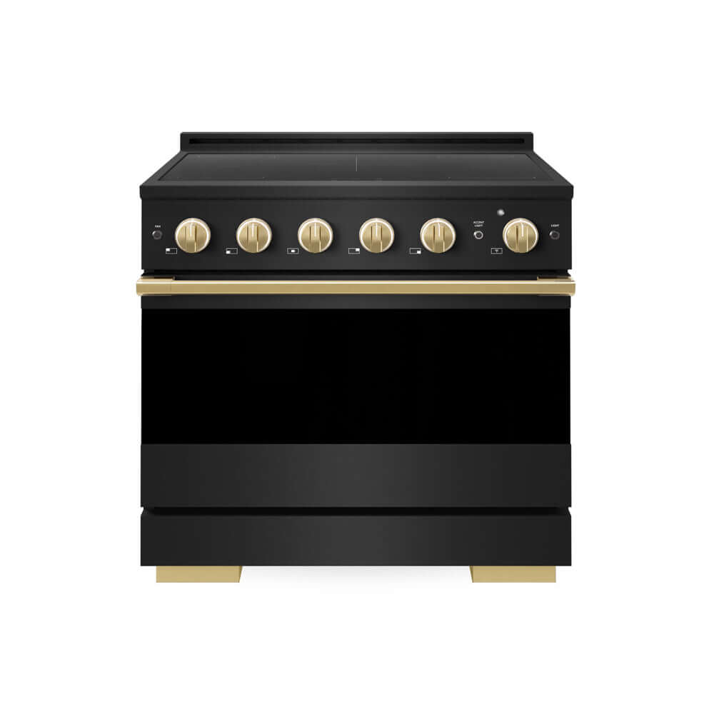 ZLINE Autograph Edition 36 in. 5.2 cu. ft. Marino Induction Range with 5 Element Cooktop and Electric Convection Oven in Black Stainless Steel with Polished Gold Accents (MINRBZ-36-G) main image.
