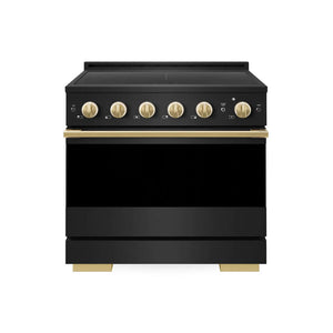 ZLINE Autograph Edition 36 in. 5.2 cu. ft. Marino Induction Range with 5 Element Cooktop and Electric Convection Oven in Black Stainless Steel with Polished Gold Accents (MINRBZ-36-G) main image.