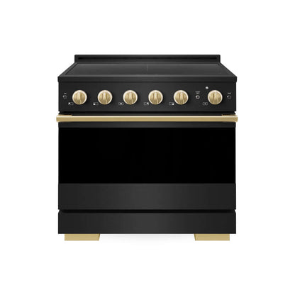 ZLINE Autograph Edition 36 in. 5.2 cu. ft. Marino Induction Range with 5 Element Cooktop and Electric Convection Oven in Black Stainless Steel with Polished Gold Accents (MINRBZ-36-G) main image.