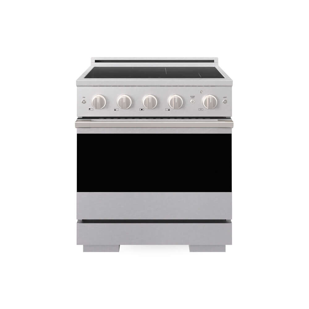 ZLINE 30 in. 4.2 cu. ft. Marino Induction Range with 4 Element Cooktop and Electric Convection Oven in Satin Stainless Steel (MINRS-30) main image.