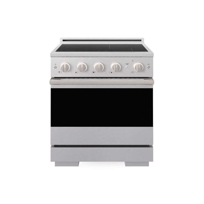ZLINE 30 in. 4.2 cu. ft. Marino Induction Range with 4 Element Cooktop and Electric Convection Oven in Satin Stainless Steel (MINRS-30) main image.