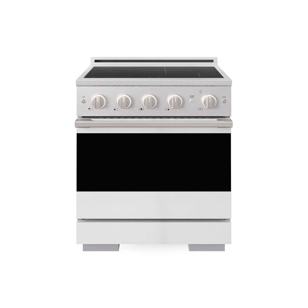 ZLINE 30 in. 4.2 cu. ft. Marino Induction Range with 4 Element Cooktop and Electric Convection Oven in Satin Stainless Steel with White Matte Door (MINRS-WM-30) main image.