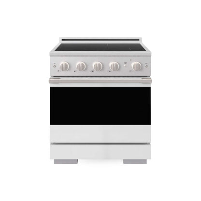 ZLINE 30 in. 4.2 cu. ft. Marino Induction Range with 4 Element Cooktop and Electric Convection Oven in Satin Stainless Steel with White Matte Door (MINRS-WM-30) main image.
