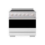ZLINE 36 in. 5.2 cu. ft. Marino Induction Range with 5 Element Cooktop and Electric Convection Oven in Satin Stainless Steel with White Matte Door (MINRS-WM-36) main image.