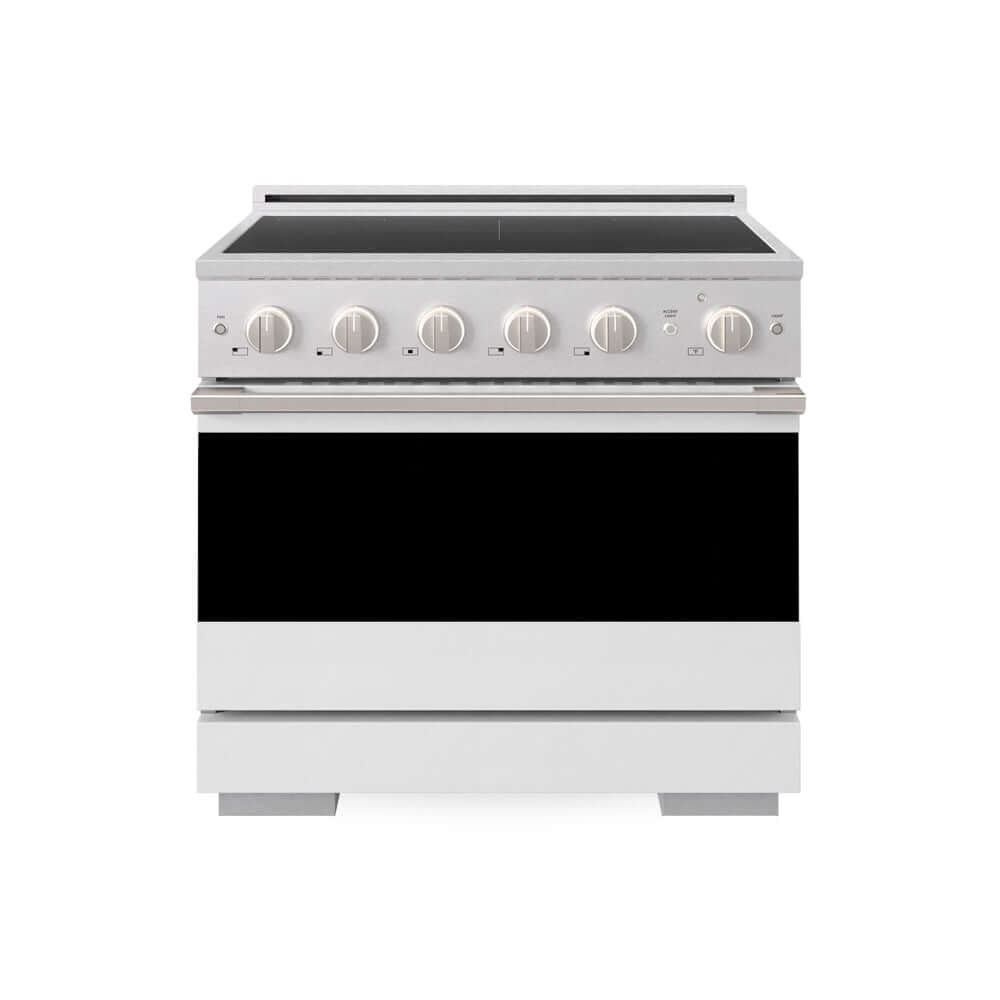 ZLINE 36 in. 5.2 cu. ft. Marino Induction Range with 5 Element Cooktop and Electric Convection Oven in Satin Stainless Steel with White Matte Door (MINRS-WM-36) main image.