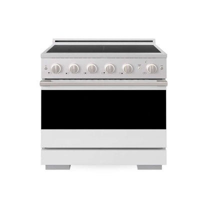 ZLINE 36 in. 5.2 cu. ft. Marino Induction Range with 5 Element Cooktop and Electric Convection Oven in Satin Stainless Steel with White Matte Door (MINRS-WM-36) main image.