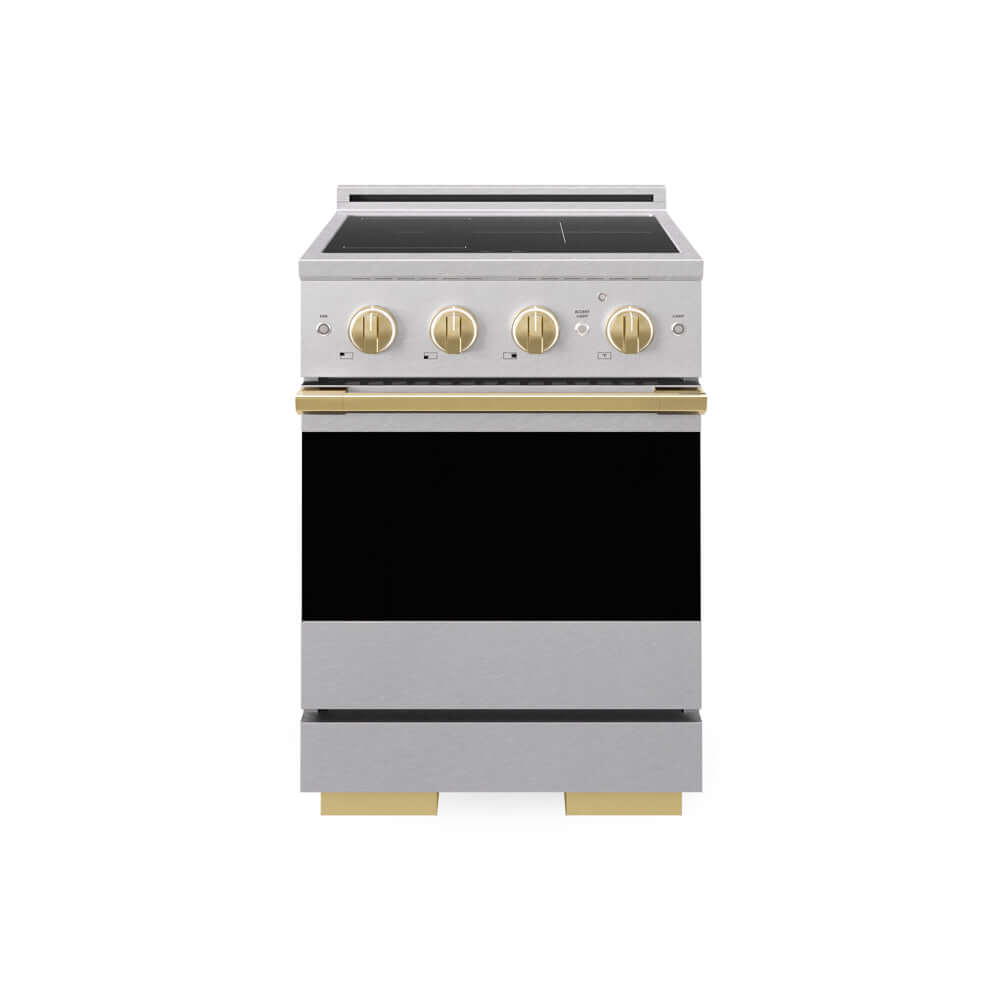 ZLINE Autograph Edition 24 in. 3.2 cu. ft. Marino Induction Range with 3 Element Cooktop and Electric Convection Oven in Satin Stainless Steel with Polished Gold Accents (MINRSZ-24-G) main image.