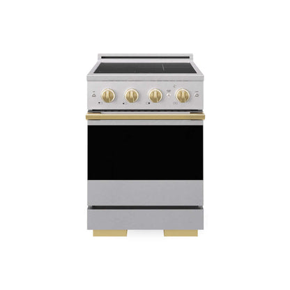 ZLINE Autograph Edition 24 in. 3.2 cu. ft. Marino Induction Range with 3 Element Cooktop and Electric Convection Oven in Satin Stainless Steel with Polished Gold Accents (MINRSZ-24-G) main image.