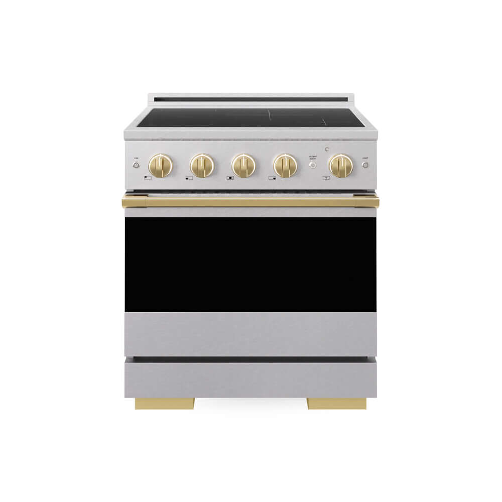 ZLINE Autograph Edition 30 in. 4.2 cu. ft. Marino Induction Range with 4 Element Cooktop and Electric Convection Oven in Satin Stainless Steel with Polished Gold Accents (MINRSZ-30-G) main image.
