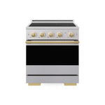 ZLINE Autograph Edition 30 in. 4.2 cu. ft. Marino Induction Range with 4 Element Cooktop and Electric Convection Oven in Satin Stainless Steel with Polished Gold Accents (MINRSZ-30-G) main image.