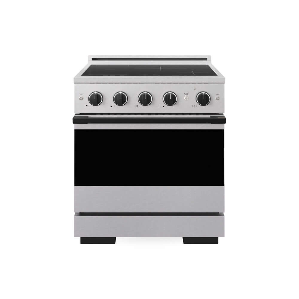 ZLINE Autograph Edition 30 in. 4.2 cu. ft. Marino Induction Range with 4 Element Cooktop and Electric Convection Oven in Satin Stainless Steel with Matte Black Accents (MINRSZ-30-MB) main image.