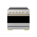 ZLINE Autograph Edition 36 in. 5.2 cu. ft. Marino Induction Range with 5 Element Cooktop and Electric Convection Oven in Satin Stainless Steel with Polished Gold Accents (MINRSZ-36-G) main image.