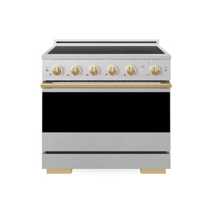 ZLINE Autograph Edition 36 in. 5.2 cu. ft. Marino Induction Range with 5 Element Cooktop and Electric Convection Oven in Satin Stainless Steel with Polished Gold Accents (MINRSZ-36-G) main image.