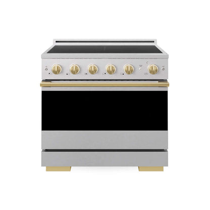 ZLINE Autograph Edition 36 in. 5.2 cu. ft. Marino Induction Range with 5 Element Cooktop and Electric Convection Oven in Satin Stainless Steel with Polished Gold Accents (MINRSZ-36-G) main image.