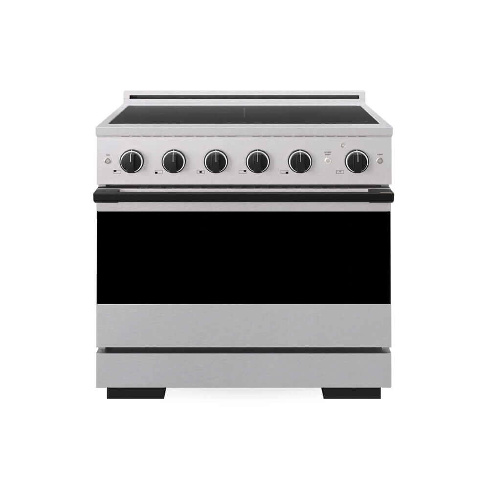 ZLINE Autograph Edition 36 in. 5.2 cu. ft. Marino Induction Range with 5 Element Cooktop and Electric Convection Oven in Satin Stainless Steel with Matte Black Accents (MINRSZ-36-MB) main image.