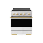 ZLINE Autograph Edition 30 in. 4.2 cu. ft. Marino Induction Range with 4 Element Cooktop and Electric Convection Oven in Satin Stainless Steel with White Matte Door and Polished Gold Accents (MINRSZ-WM-30-G) main image.