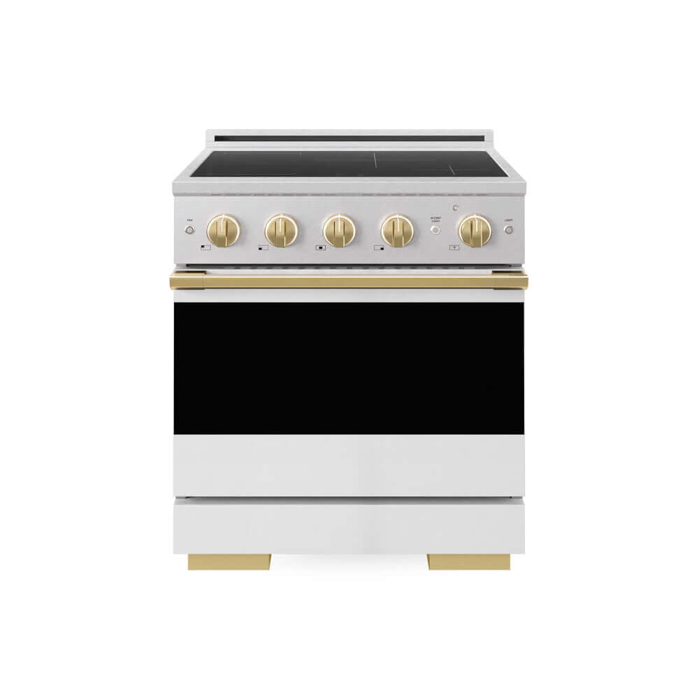 ZLINE Autograph Edition 30 in. 4.2 cu. ft. Marino Induction Range with 4 Element Cooktop and Electric Convection Oven in Satin Stainless Steel with White Matte Door and Polished Gold Accents (MINRSZ-WM-30-G) main image.